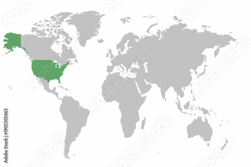 Full 2D World Map Vector with USA Highlighted in Navy Blue.