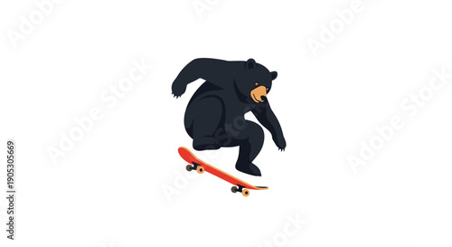 Black bear performing a skateboarding trick with skill.