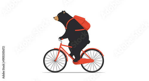 Black bear riding a bicycle with a backpack.