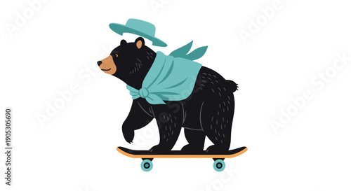 Black bear wearing a hat and scarf riding a skateboard.