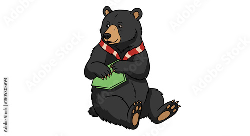 Black Bear Wearing Scarf Reading a Book.