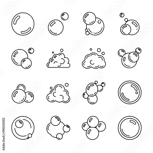 Outline bubble icon black vector line art soap set