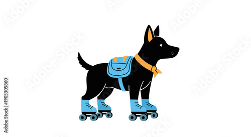 Black dog wearing roller skates and a backpack.