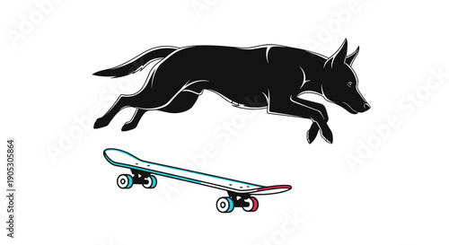 Black dog jumping over skateboard illustration.