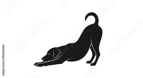 Black Dog Silhouette in Playful Stretching Pose.