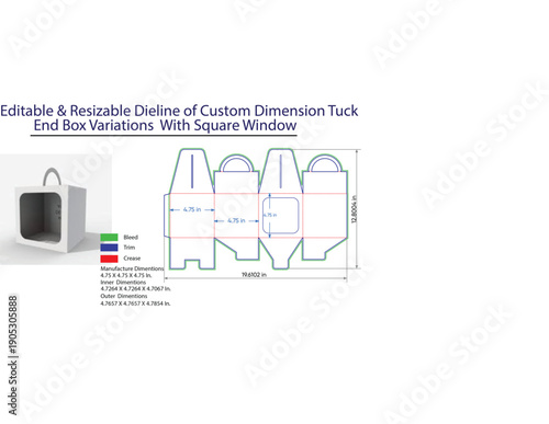 Editable Resizable Dieline of Custom Dimension Tuck End Box Variations With Square Window