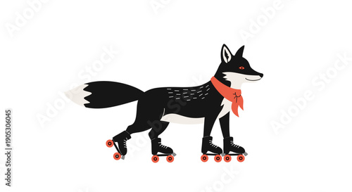 Black Fox Wearing Roller Skates and Scarf.
