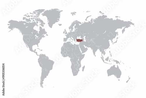 Full 2D World Map Vector with Turkey Highlighted in Dark Red.