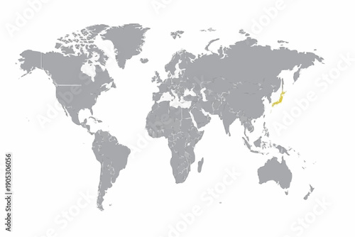 Full 2D World Map Vector with South Korea Highlighted in Deep Blue.