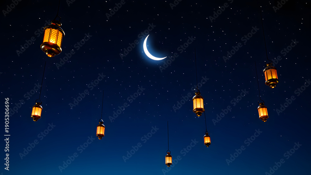 Fototapeta premium Multiple antique-style glowing lanterns float gracefully beneath a bright crescent moon in a deep, starry night sky.