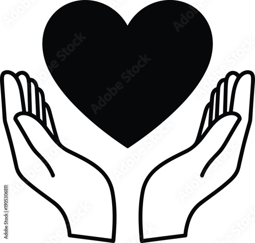 Vector illustration of heart above open hands silhouette, compassion care symbol, charity support design element for healthcare and community graphics