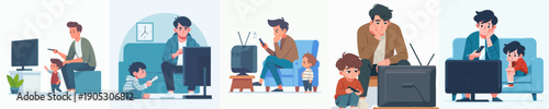 Cartoon Illustration of Father and Child Watching Television Together Moments