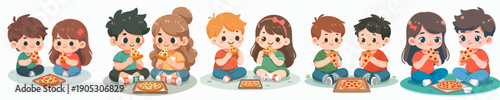 Cute Cartoon Little Boy and Girl Enjoying Pizza Together Illustration
