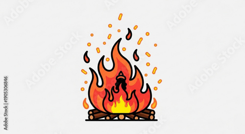 Vibrant cartoon campfire burns with bright orange and yellow flames on wooden logs with sparks flying up on a white background