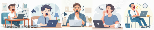 Flat Design Illustration of Sleepy Man Yawning While Working on Laptop