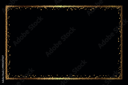 Sparkling rectangle gold border with glitter texture. Festive frame isolated on a black background