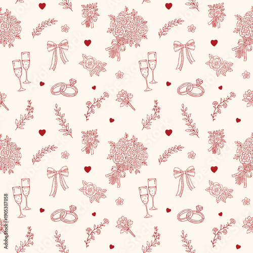 Vintage hand-drawn wedding seamless pattern with rings, glasses, bouquets, boutonnieres, bows, branches, and hearts. Elegant and decorative, perfect for wedding designs and invitations