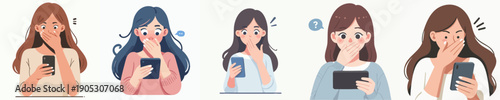 Cartoon Style Diverse Women Shocked While Looking at Smart Mobile Phone Illustration