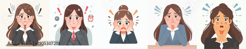 Cute Cartoon Style Worried Businesswoman Character with Different Expressions Illustration