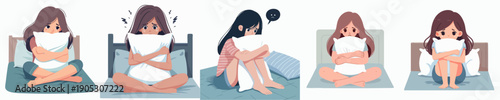 Cute Cartoon Illustration Depicting A Girl Expressing Varied Sad Emotions