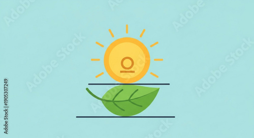 Eco friendly concept with green leaf and sun symbol on balance scales representing sustainable harmony