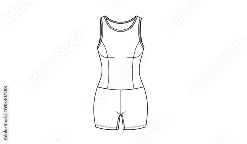 Women’s full-body sports bodysuit vector illustration with sleeveless bodycon jumpsuit and shorts pants