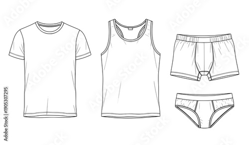Vector fashion illustration of men’s underwear set: t-shirt, sleeveless tank, boxer, and brief, CAD template