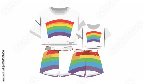 Vector CAD illustration of women and girl crop top t-shirt and shorts set with rainbow print for lounge wear
