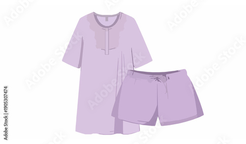 Cute women’s home wear vector set with kimono robe, sleepwear top, and shorts in pastel style