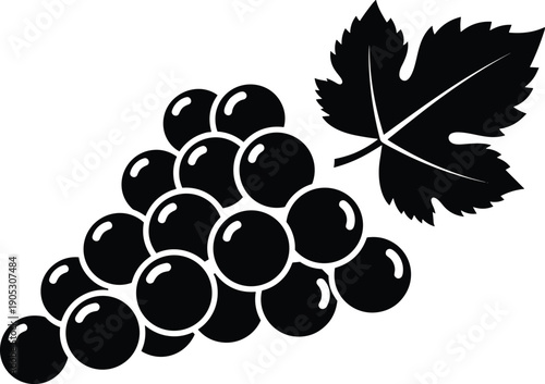 Vector illustration of grape bunch silhouette with leaf, fruit cluster design element, vineyard agriculture symbol for food and decorative graphics