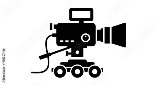 Black film camera on dolly.