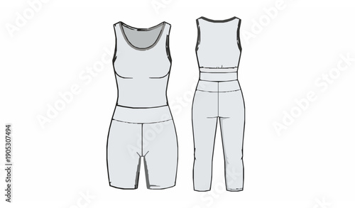 Women’s sports sleeveless full bodysuit vector illustration with bodycon jumpsuit and shorts pants activewear