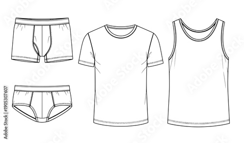 Men’s underwear set vector illustration with boxer, brief, t-shirt, and sleeveless tank top in CAD style