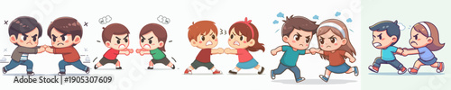 Cartoon Playful Scene Of Children Arguing and Fighting Illustration Asset