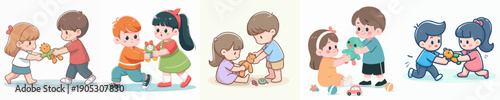 Cute Cartoon Illustration of Children Sharing and Fighting Over Toys Scene