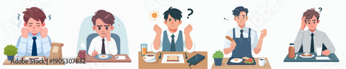 Cartoon Style Illustration of Man Experiencing Various Emotions During Breakfast Time