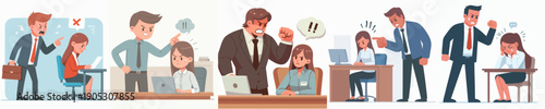 Flat Illustration of Toxic Workplace with Bad Boss Scolding Employee