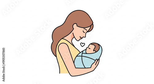 Mother holding newborn baby in arms swaddled in blue cloth loving embrace heart above warm moment illustration