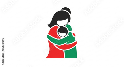 Mother embracing child in red and green abstract illustration