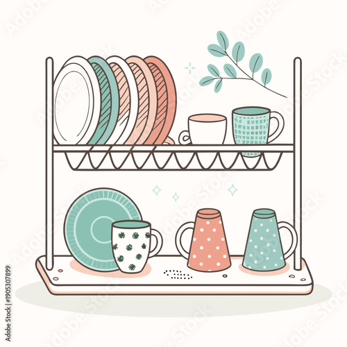 Assorted kitchenware neatly arranged on a minimalist two-tier dish rack, viewed from the front in a clean setting