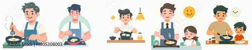 Cartoon Style Illustration of Happy Family Cooking Together at Home