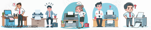 Cartoon Flat Illustration Frustrated People and Malfunctioning Printer Machine Set