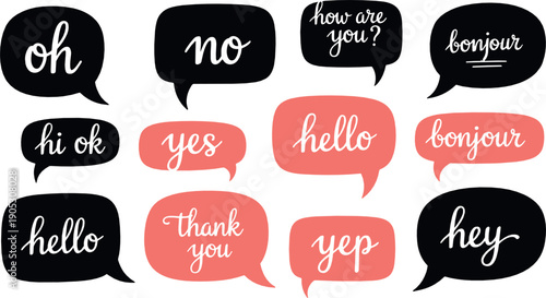 Hand lettered speech bubble illustration set with hello yes thank you and greeting phrases in modern flat style for chat messaging and typography designs