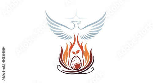 Symbolic dove rising from flames with star representing hope and freedom in a stylized graphic design