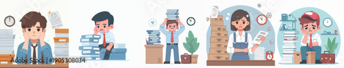 Cute Cartoon Overworked Employee In The Office Illustration Set
