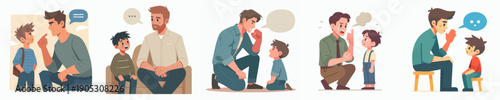 Cartoon Illustration of Father Son Chatting Sharing Problems and Seeking Solutions