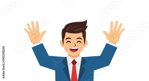 Cheerful businessman in blue suit and red tie with hands raised in excitement or celebration on white background