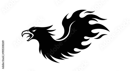 Black Phoenix Bird Silhouette with Fiery Wings.