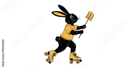 Black rabbit character roller skating and holding a brush.