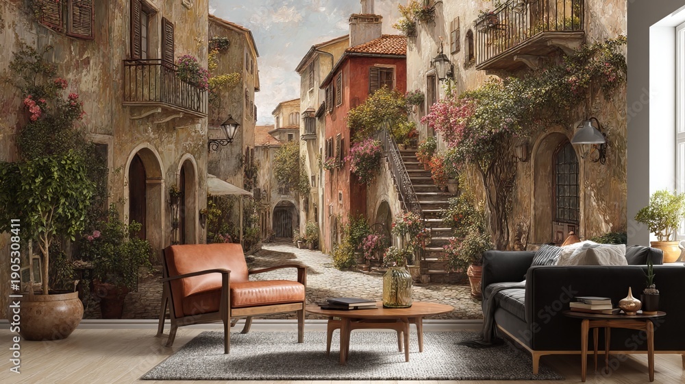 Fototapeta premium 3D Old Town street scene with detailed buildings, textured mural and wallpaper on walls, realistic lighting, urban outdoor perspective, atmospheric background